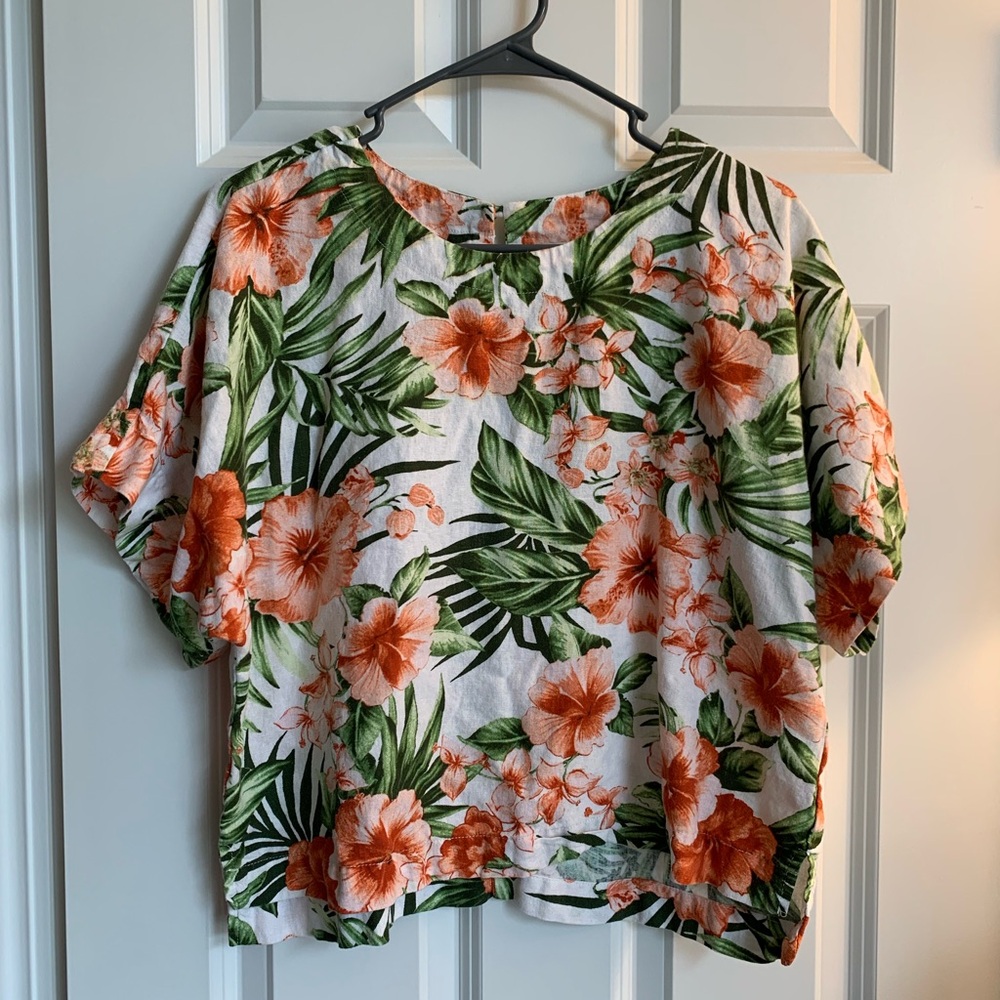 Tropical Floral Print Linen Women's Top - Orange and Green